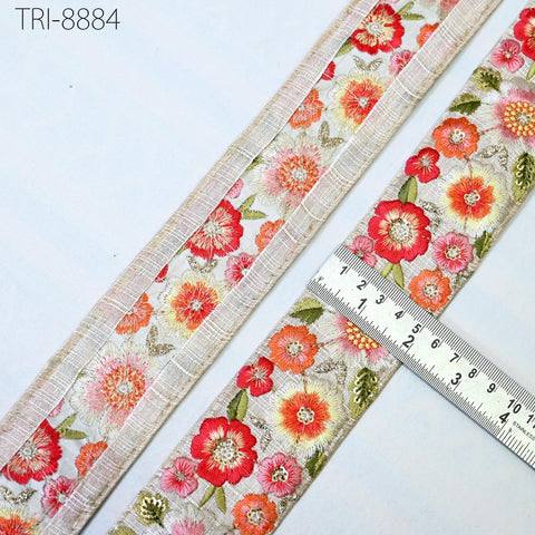 9 Yard Red Embroidery 5cm Ribbon Indian Sari Border Embroidered Crafting Sewing Costumes, Dog Collar, Tote Bags, Lampshades, Holidays Decor