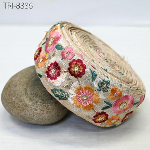 9 Yard Pink Embroidery 5cm Ribbon Indian Sari Border Embroidered Crafting Sewing Costumes, Dog Collar, Footwears, Lampshades, Holidays Decor