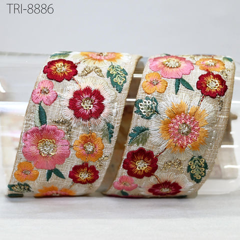 9 Yard Pink Embroidery 5cm Ribbon Indian Sari Border Embroidered Crafting Sewing Costumes, Dog Collar, Footwears, Lampshades, Holidays Decor