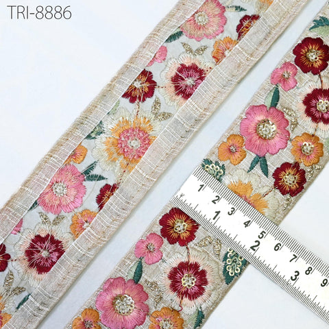 9 Yard Pink Embroidery 5cm Ribbon Indian Sari Border Embroidered Crafting Sewing Costumes, Dog Collar, Footwears, Lampshades, Holidays Decor