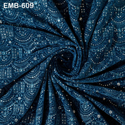 Teal Blue Indian Embroidered Velvet Fabric by the yard Sewing DIY Crafting Wedding Dress Costumes Full Length Coats Shift Dresses Quilting