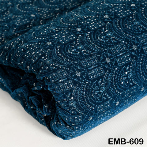 Teal Blue Indian Embroidered Velvet Fabric by the yard Sewing DIY Crafting Wedding Dress Costumes Full Length Coats Shift Dresses Quilting