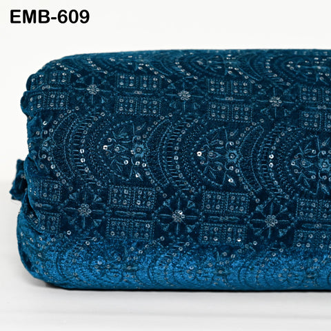 Teal Blue Indian Embroidered Velvet Fabric by the yard Sewing DIY Crafting Wedding Dress Costumes Full Length Coats Shift Dresses Quilting