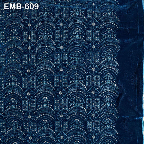 Teal Blue Indian Embroidered Velvet Fabric by the yard Sewing DIY Crafting Wedding Dress Costumes Full Length Coats Shift Dresses Quilting
