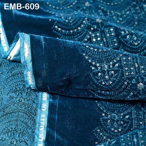 Teal Blue Indian Embroidered Velvet Fabric by the yard Sewing DIY Crafting Wedding Dress Costumes Full Length Coats Shift Dresses Quilting