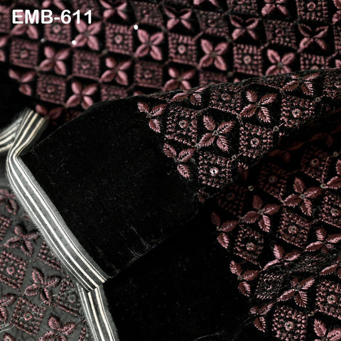 Wine Indian Embroidered Velvet Fabric by the yard Sewing DIY Crafting Wedding Shift Dresses Theatrical Costumes Longline Jackets Waistcoats