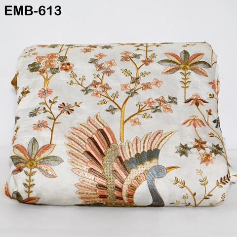 56" Ivory Wedding Material Embroidered Fabric by the yard Sewing Crafting Indian Embroidery Victorian Costumes Waistcoats Longline Jackets