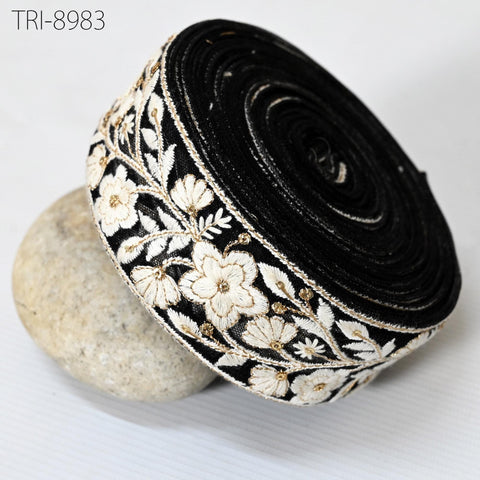 9 Yard Black Embroidery 5cm Ribbon Indian Sari Border Embroidered Crafting Sewing Costumes Tablecloth Lampshades making Home Decor Trimmings