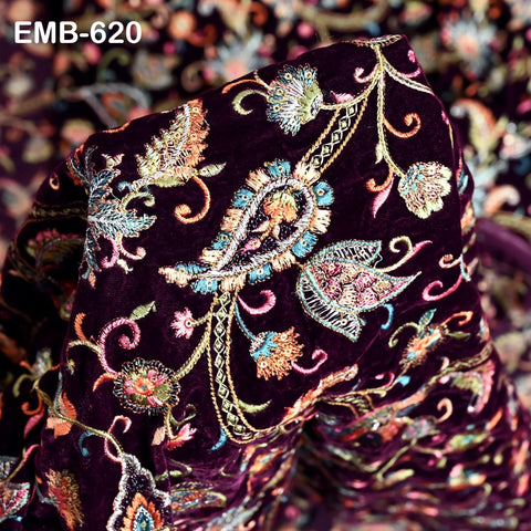 Sequin Indian Embroidered Velvet Wine Fabric by the yard Sewing Crafting Wedding Dress Theatrical Costumes Waistcoats Doll Bags Home Decor