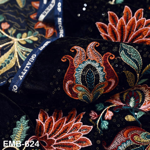 Sequin Indian Embroidered Velvet Blue Fabric by the yard Sewing Crafting Wedding Dress Theatrical Costumes Waistcoats Doll Bags Home Decor