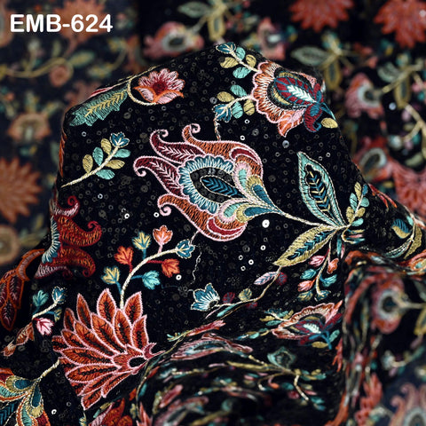 Sequin Indian Embroidered Velvet Blue Fabric by the yard Sewing Crafting Wedding Dress Theatrical Costumes Waistcoats Doll Bags Home Decor