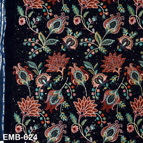 Sequin Indian Embroidered Velvet Blue Fabric by the yard Sewing Crafting Wedding Dress Theatrical Costumes Waistcoats Doll Bags Home Decor