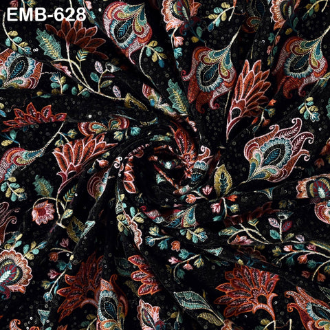 Sequin Indian Embroidered Velvet Black Fabric by the yard Sewing Crafting Wedding Dress Theatrical Costumes Waistcoats Doll Bags Home Decor