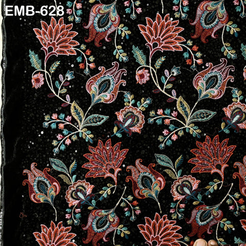 Sequin Indian Embroidered Velvet Black Fabric by the yard Sewing Crafting Wedding Dress Theatrical Costumes Waistcoats Doll Bags Home Decor