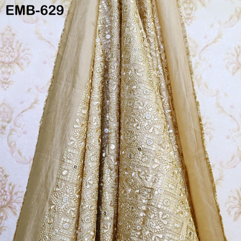 Beige Wedding Dress Material Embroidered Modal Satin Fabric by the yard Sewing Indian Embroidery Costumes Dolls Waistcoats Longline Jackets