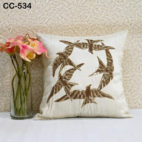 Gold thread embroidery on Beige base fabric Ivory with Antique Gold and Gold bead work hand embroidery cushion cover with piping.