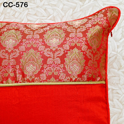 Gold Cushion Cover Square Pure Silk Luxury Cushion Pillowcase Brocade Gold - Red For Sofa Bed Throw Pillow Designer Fabric Indian Handmade