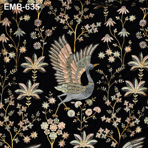 55 inches Black Indian Embroidered Velvet Fabric by the yard Sewing Crafting Wedding Dresses Theatrical Costumes Longline Jackets Waistcoats