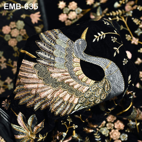 55 inches Black Indian Embroidered Velvet Fabric by the yard Sewing Crafting Wedding Dresses Theatrical Costumes Longline Jackets Waistcoats