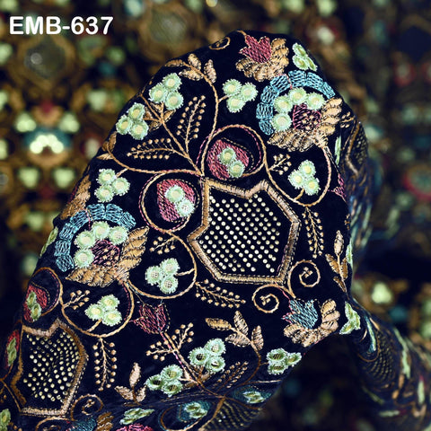 Sequin Indian Embroidered Velvet Blue Fabric by the yard Sewing Crafting Wedding Dress Theatrical Costumes Waistcoats Doll Bags Home Decor