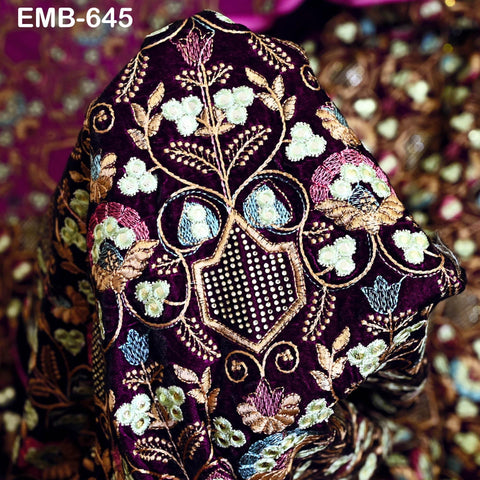 Sequin Indian Embroidered Velvet Wine Fabric by the yard Sewing Crafting Wedding Dress Theatrical Costumes Waistcoats Doll Bags Home Decor