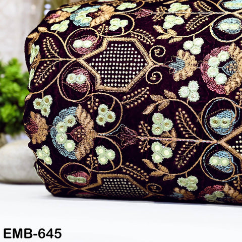 Sequin Indian Embroidered Velvet Wine Fabric by the yard Sewing Crafting Wedding Dress Theatrical Costumes Waistcoats Doll Bags Home Decor