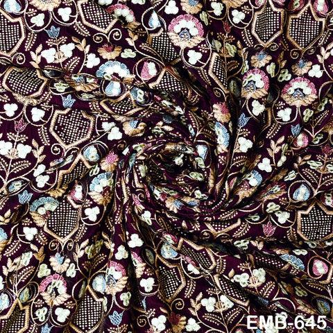 Sequin Indian Embroidered Velvet Wine Fabric by the yard Sewing Crafting Wedding Dress Theatrical Costumes Waistcoats Doll Bags Home Decor