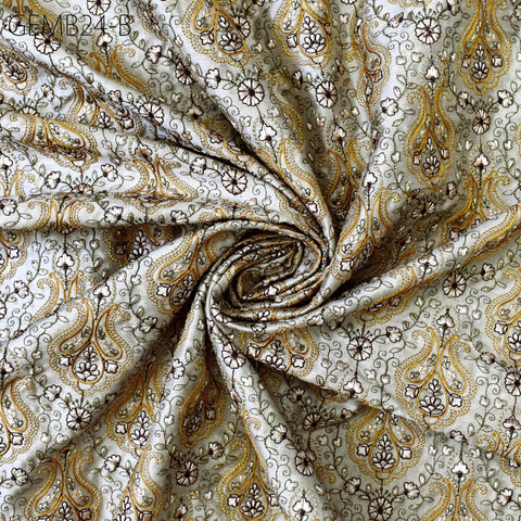 Dark Beige Embroidered Fabric by the yard Sewing Crafting Indian Embroidery Wedding Dress Costumes Dolls Bags Cushions Table Runners Blouses