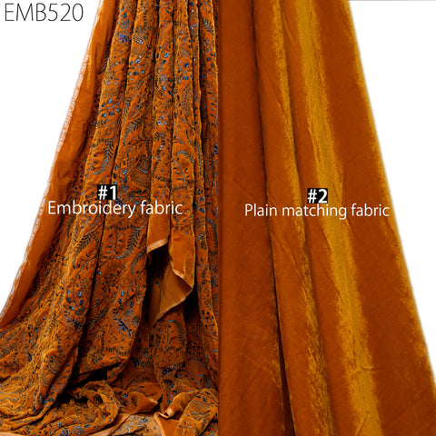 Mustard Indian Embroidered Velvet Fabric by the yard Dresses Making Sewing DIY Crafting Wedding Costumes Blazers Bags Table Runner Quilting