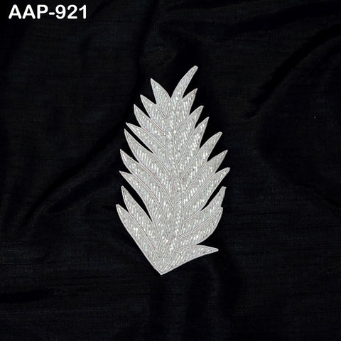 4 Silver Beaded Leaf Appliques: Embroidered Indian Patches (5.5 Inch)