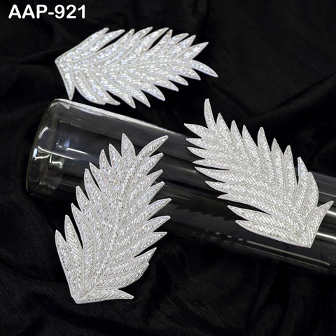 4 Silver Beaded Leaf Appliques: Embroidered Indian Patches (5.5 Inch)