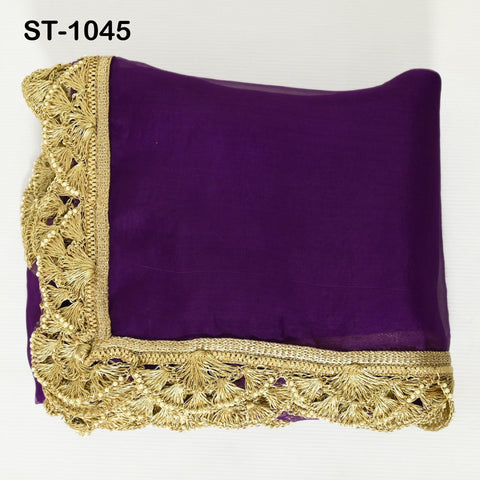 Rolled purple organza dupatta showing full length and embroidered edge