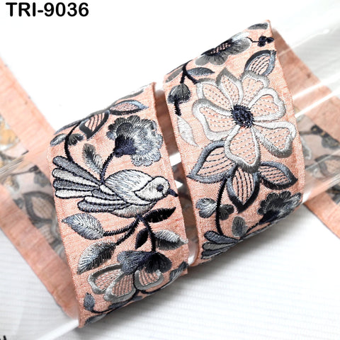 9 Yard Indian Peach Embroidery Ribbon 5cm Trim Sari Border Crafting Embroidered Decorative Costumes, Shoes Designing,Home Decor, Trimmings