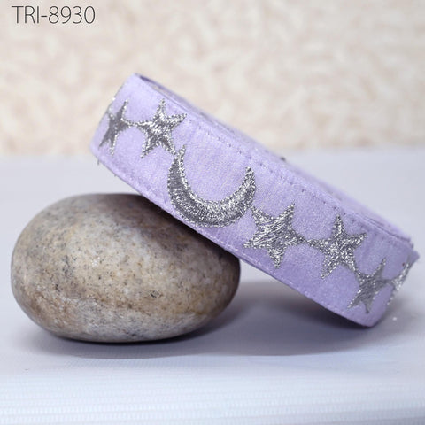 9 Yard Silver Stars Embroidery Ribbon Fabric Trim 3cm Lavender Embroidered Sewing Crafting Border Indian Victorian Costumes Holiday Ornament