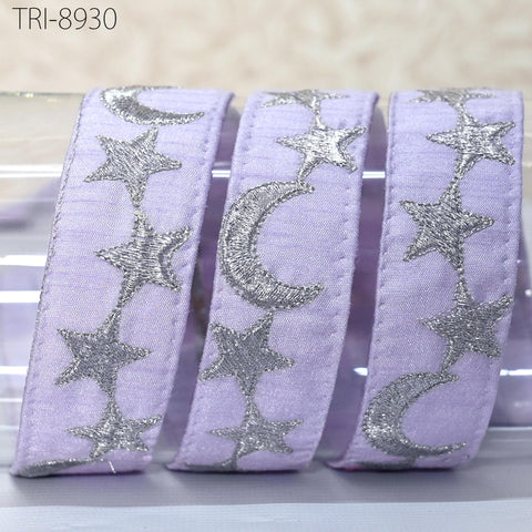 9 Yard Silver Stars Embroidery Ribbon Fabric Trim 3cm Lavender Embroidered Sewing Crafting Border Indian Victorian Costumes Holiday Ornament