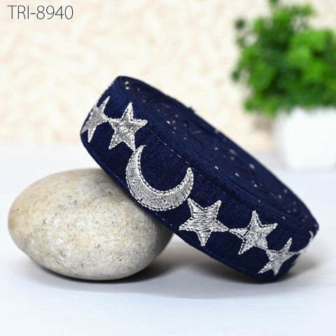 9 Yard Silver Stars Embroidery Ribbon Fabric Trim 3cm Blue Embroidered Sewing Crafting Border Indian Theatrical Costumes Holiday Ornaments