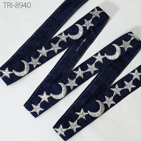 9 Yard Silver Stars Embroidery Ribbon Fabric Trim 3cm Blue Embroidered Sewing Crafting Border Indian Theatrical Costumes Holiday Ornaments