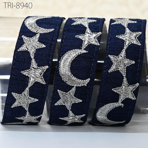 9 Yard Silver Stars Embroidery Ribbon Fabric Trim 3cm Blue Embroidered Sewing Crafting Border Indian Theatrical Costumes Holiday Ornaments