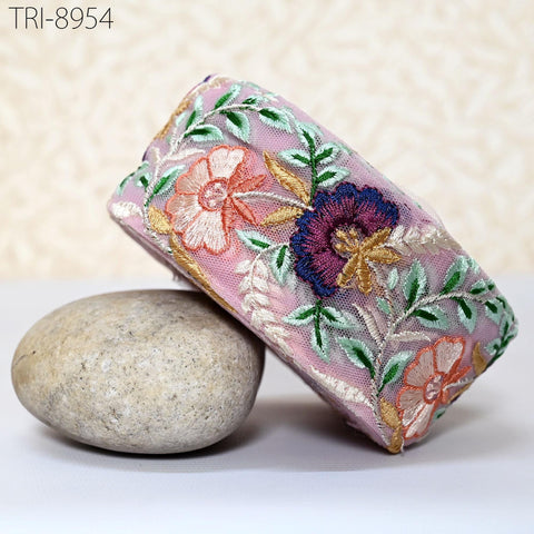 9 Yard Peach Embroidery 6cm Ribbon Bow for Hairbands, Hair Accessory, Kids Dresses Indian Trims Border Embroidered Crafting Sewing Trimming