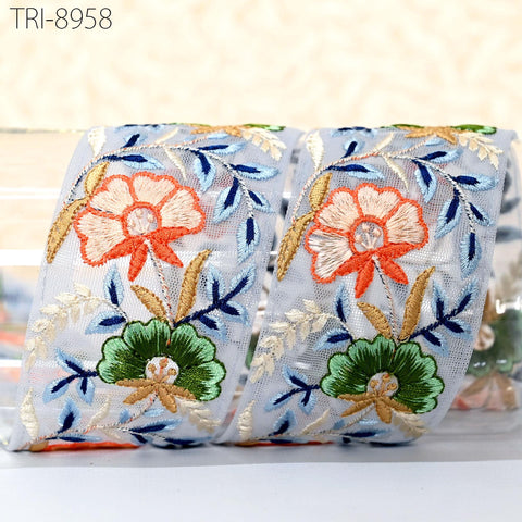 9 Yard Blue Embroidery 6cm Ribbon Bow for Hairbands, Hair Accessory, Kids Dresses Indian Trims Border Embroidered Crafting Sewing Trimming