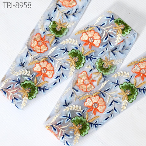 9 Yard Blue Embroidery 6cm Ribbon Bow for Hairbands, Hair Accessory, Kids Dresses Indian Trims Border Embroidered Crafting Sewing Trimming