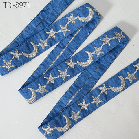 9 Yard Silver Stars Embroidery Ribbon Trim 3cm Blue Embroidered Sewing DIY Crafting Border Indian Disney Princess Costumes Holiday Ornaments