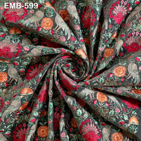 Grey Indian Embroidered Velvet Fabric by the yard Sewing DIY Crafting Wedding Dress Costumes Doll Bags Cushion Covers Table Runner Quilting