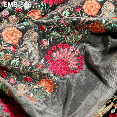 Grey Indian Embroidered Velvet Fabric by the yard Sewing DIY Crafting Wedding Dress Costumes Doll Bags Cushion Covers Table Runner Quilting
