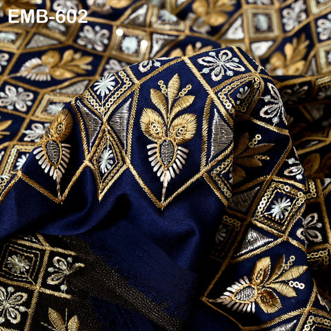 Navy Blue Wedding Dress Material Embroidered Fabric by the yard Sewing Crafting Indian Embroidery Victorian Costumes Dolls Table Runner