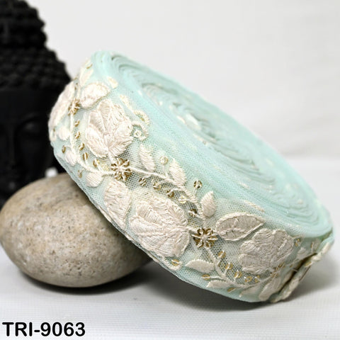 9 Yard Powder Blue 40mm Embroidery Trims Ribbons Border Embroidered Fabric Gift Wrapping Saree Crafting Christmas Decoration Embellishment