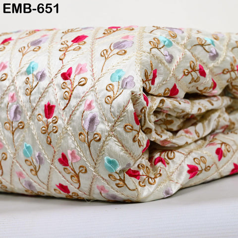 Ivory Embroidered Fabric by the yard Sewing DIY Crafting Indian Embroidery Wedding Dresses Dolls Victorian Costumes Long Nehru Coat Blouses