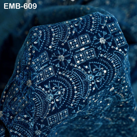 Teal Blue Indian Embroidered Velvet Fabric by the yard Sewing DIY Crafting Wedding Dress Costumes Full Length Coats Shift Dresses Quilting