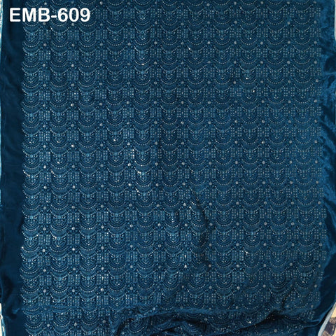 Teal Blue Indian Embroidered Velvet Fabric by the yard Sewing DIY Crafting Wedding Dress Costumes Full Length Coats Shift Dresses Quilting