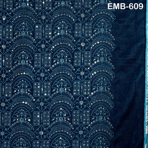 Teal Blue Indian Embroidered Velvet Fabric by the yard Sewing DIY Crafting Wedding Dress Costumes Full Length Coats Shift Dresses Quilting